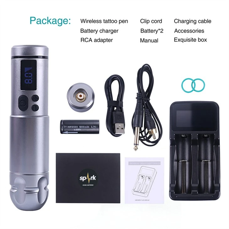 2 Batri Spark Tattoo Machine Wireless Pwovizyon pou Tattoo Pwofesyonèl